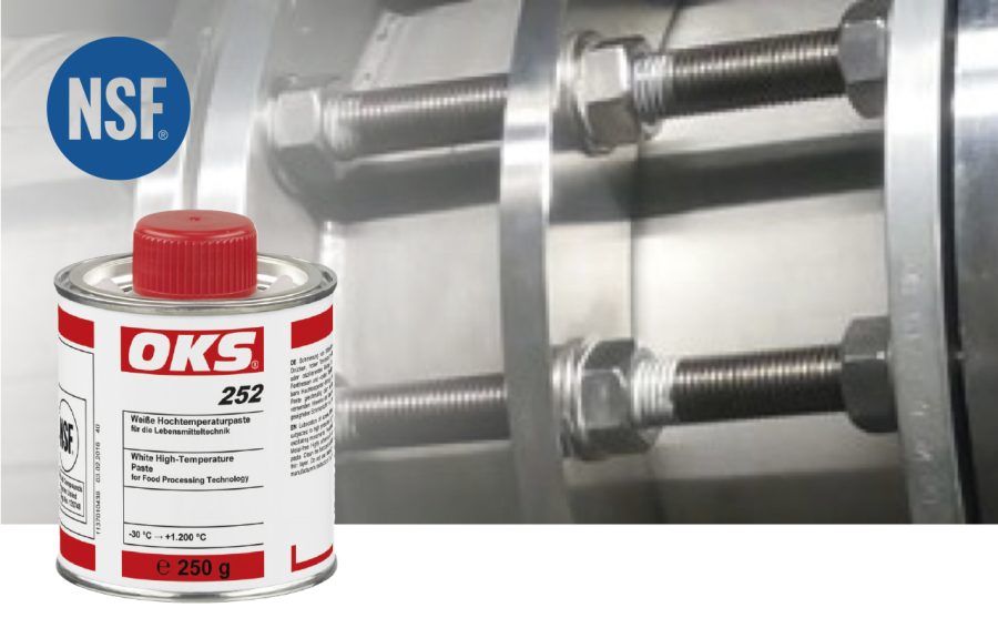 OKS 252, a metal-free white high-temperature paste for all types of screw connections, which is particularly suitable for stainless and acid-resistant surfaces or sliding bearings subjected to high loads.